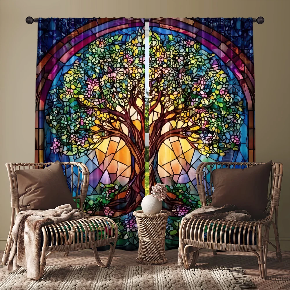 2pcs Tree of Life Curtains Stained Glass Style Window Drapes Colorful Mosaic Art Decor for Living Room Bedroom