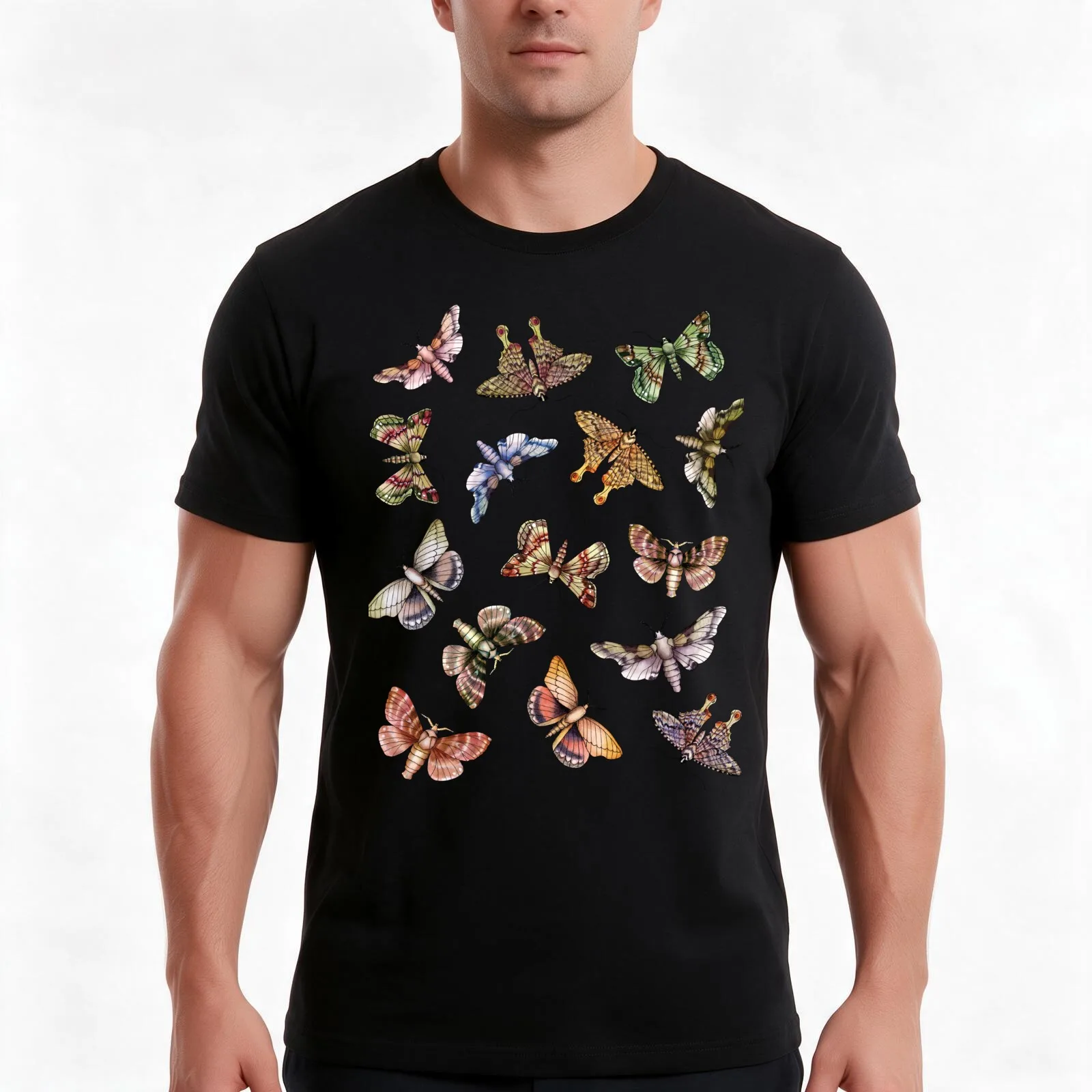 A Multitude Of Moths - Colorful Moth Pattern T-Shirt, Summer Casual Cotton Tee, Oversized Streetwear Tops, Vintage Graphic Print