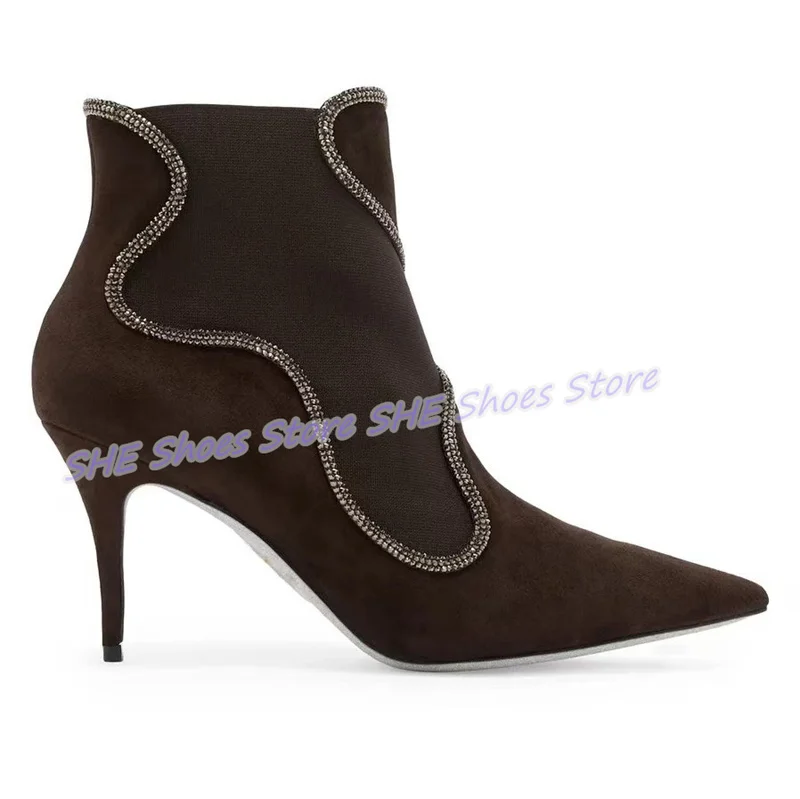 

Fashion Crystal Chain Decor Strecth Boots for Women Pointed Toe High Heel Ankle Boots Lady High Top Mid-Calf Boots