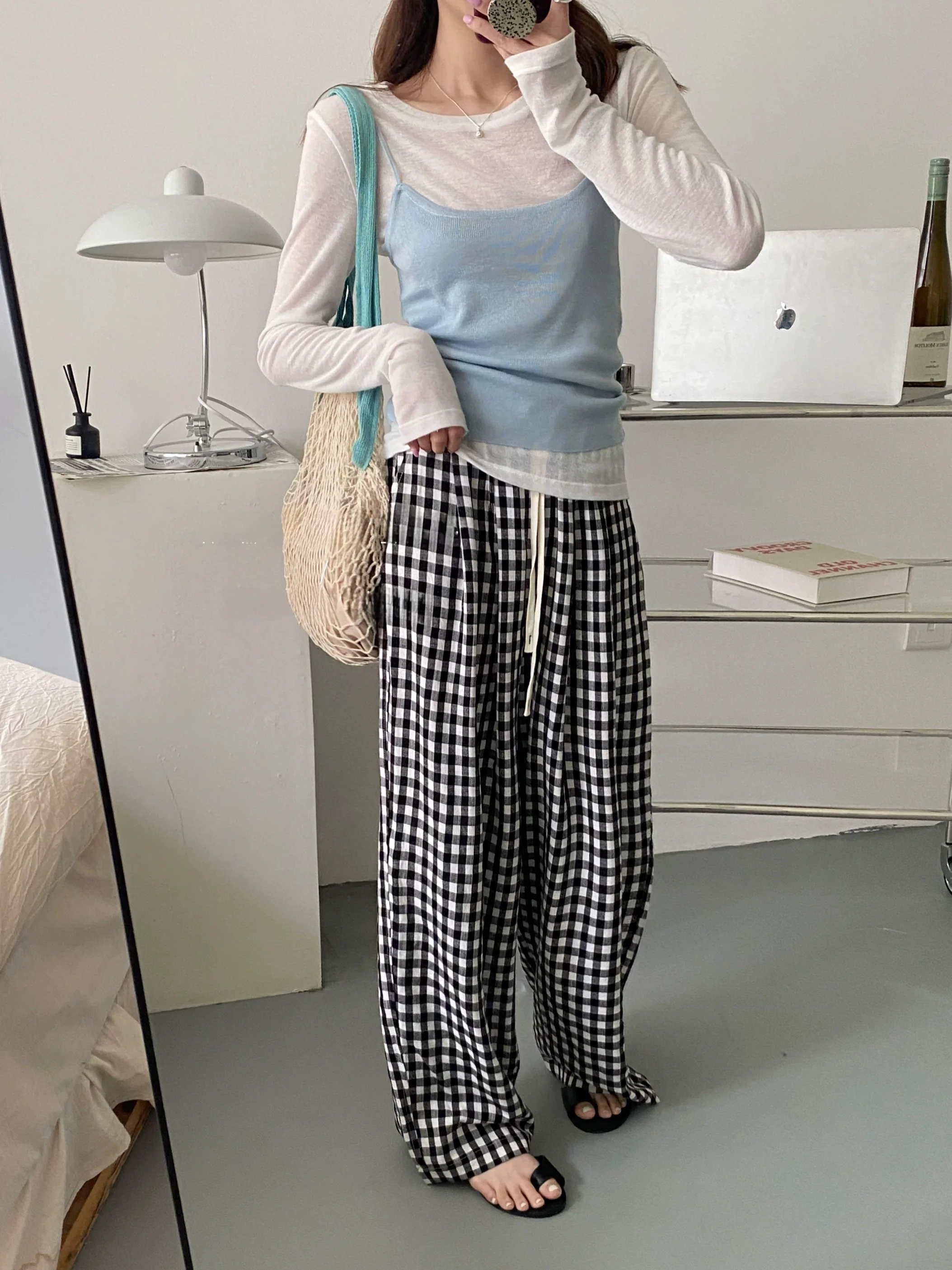 

Женские широкие брюки AIMISLE с высокой талией в клетку, свободные прямые брюки в пол, корейский стиль для офиса и повседневной носки