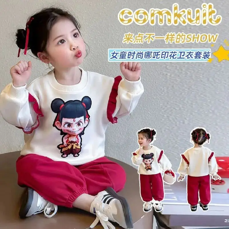 

Girls' Cartoon Suits for Spring and Autumn. Nezha Suits. Suitable for Teens Aged 7-14. Lacy Hoodie Suits. Trendy