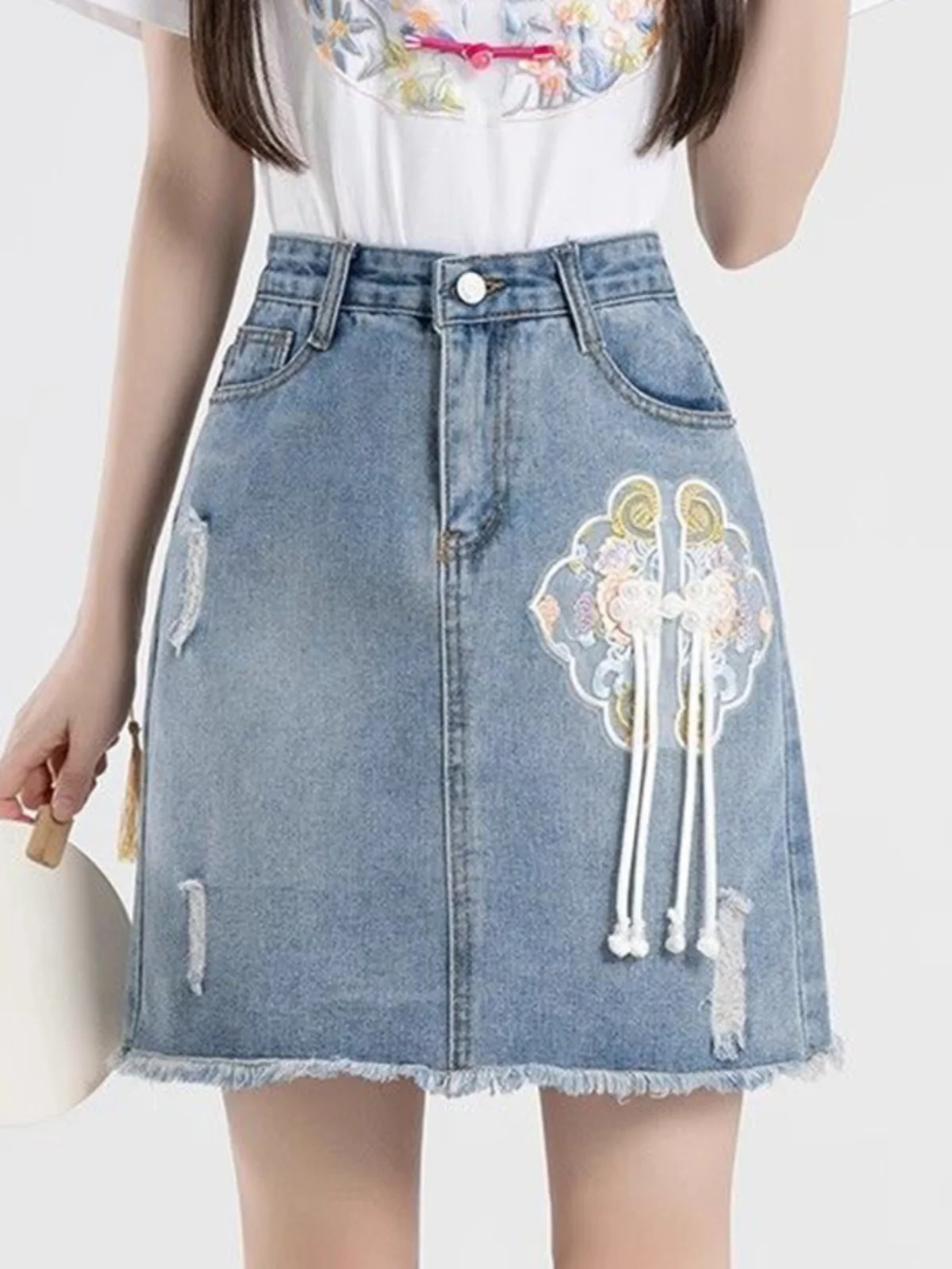 

Китайская юбка трапециевидной формы с высокой талией в стиле ретро, с разрезом и вышивкой, женская джинсовая юбка или юбки, лето 2024 г.