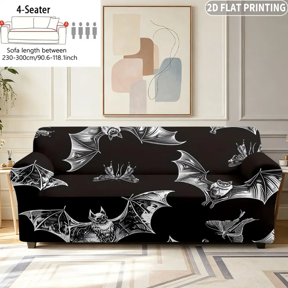 1pc Elastic Sofa Cover Black Background With White Bat, Easy to Install, Ideal for  Single/ Double/ Three / Four-Person Sofa