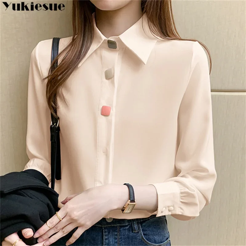 

Женские блузки 2023, весна-осень, новый стиль, модные повседневные тонкие элегантные офисные женские однотонные рубашки с длинными рукавами и лацканами