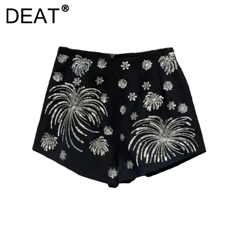 DEAT Women Shorts Flowers Sequins Beading Slim High Waist Embroidery Wide Leg Super Short Pants 2025 Spring New Fashion 11XX9053