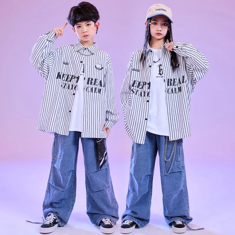 

Kid Hip Hop Clothing White Striped Shirt Top Casual Pleated Denim Jeans Baggy Pants for Girl Boy Jazz Dance Wear Costume Clothes