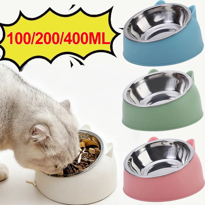 15° Tilted Stainless Steel Cat Bowl,Non-slip Base, Anti-Spill Pet Drink Water Feeder For Pet Dogs-100/200/400ml ,Neck Protection