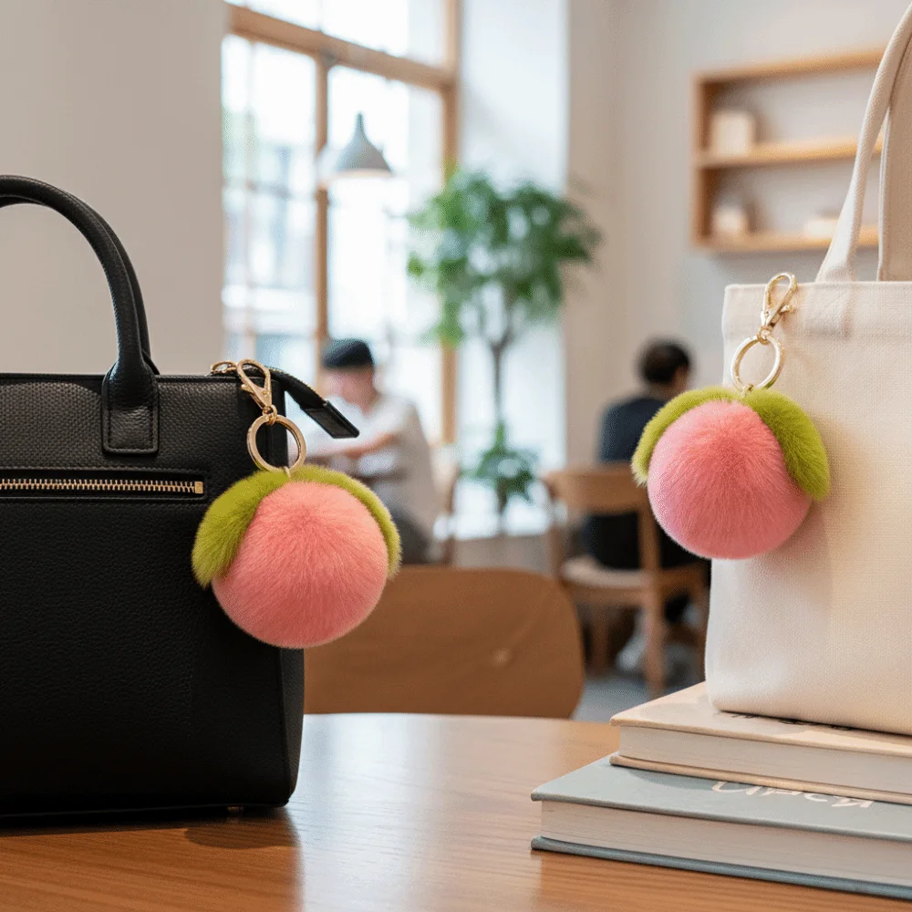 Soft Fur Furry Keychain Fluffy Cute Design Fruit Keychain Pink Peach Kawaii Style Peach Keychain Bag Accessory