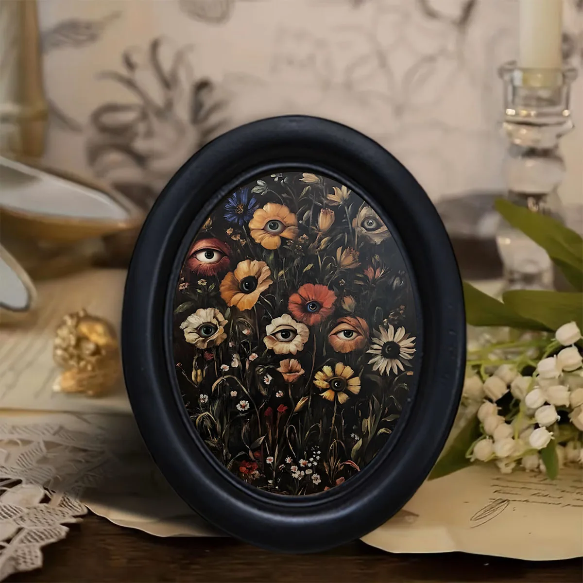 1 Piece of Dark Academia Style Floral Eye Wall Decoration, Black Oval Frame Print, Gothic Surreal Eyeball Floral Oil Painting, Atmospheric Witchy Decor, Gift for Occult Enthusiasts