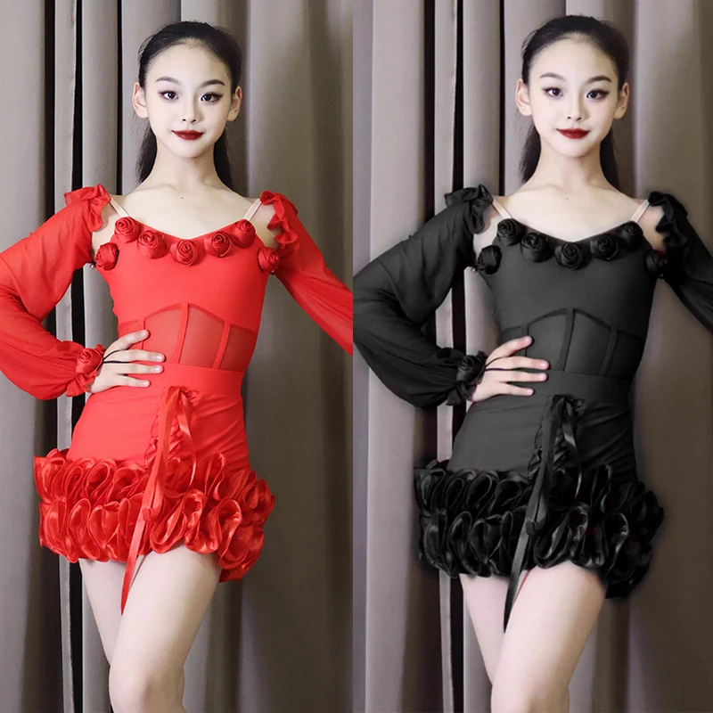 ชุดแข่งขันเต้นรำบอลรูมสำหรับเด็ก ชุดแสดงเต้นละตินสำหรับเด็กผู้หญิง แขนพอง ชุดเต้นละติน รุ่น SL14148