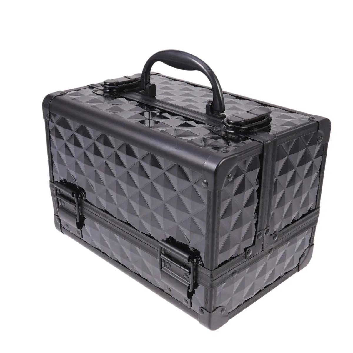 

Large Box Black Metal Two Layer Makeup Organizer Portable Travel Case with Handle Toiletry Box