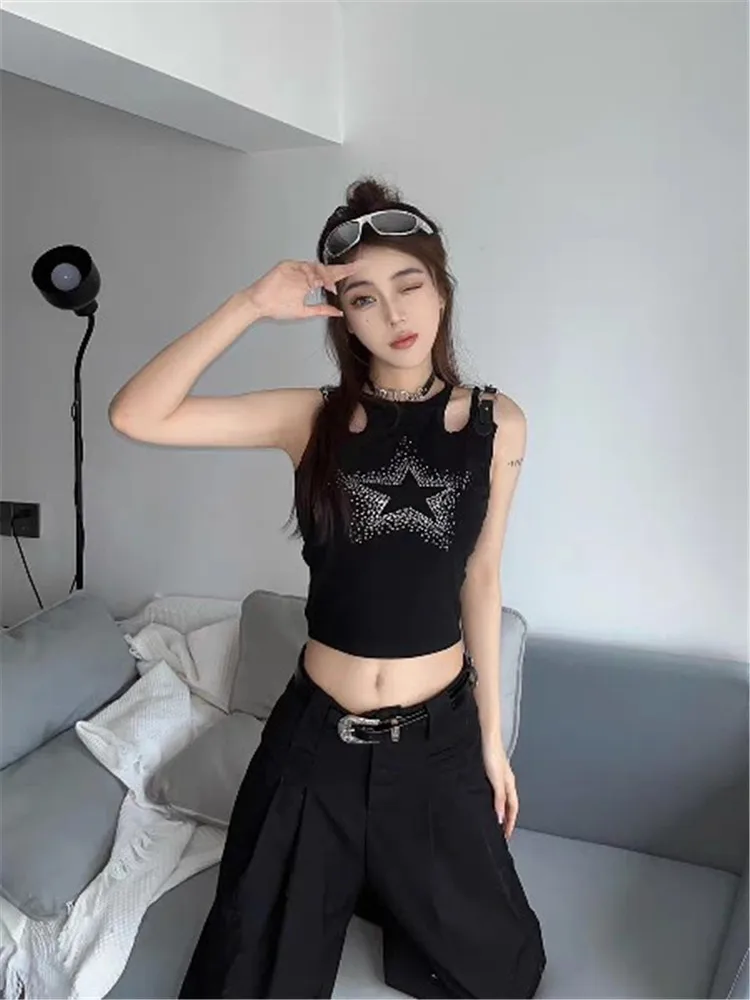 

Hollow Out Diamond Short Sleeveless Tank Top For Women's Inner Style 2023 Summer New Women Vest Bottom Suspended Top