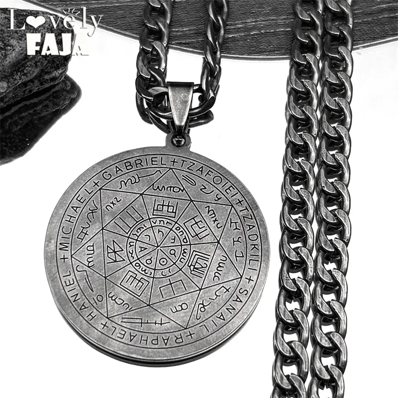 Seven Archangels Amulet Stainless Steel Necklaces for Men Gun Black Seal of Salomon Talisman Christian Protection Jewelry Gift
