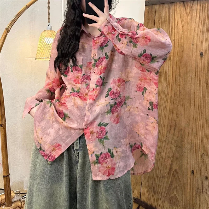 Women\'s Vintage Floral Print Oversize Cotton Linen Shirt Autumn Casual Lapel Long Sleeve Blouse Chic Irregular Tunic Tops Blusas