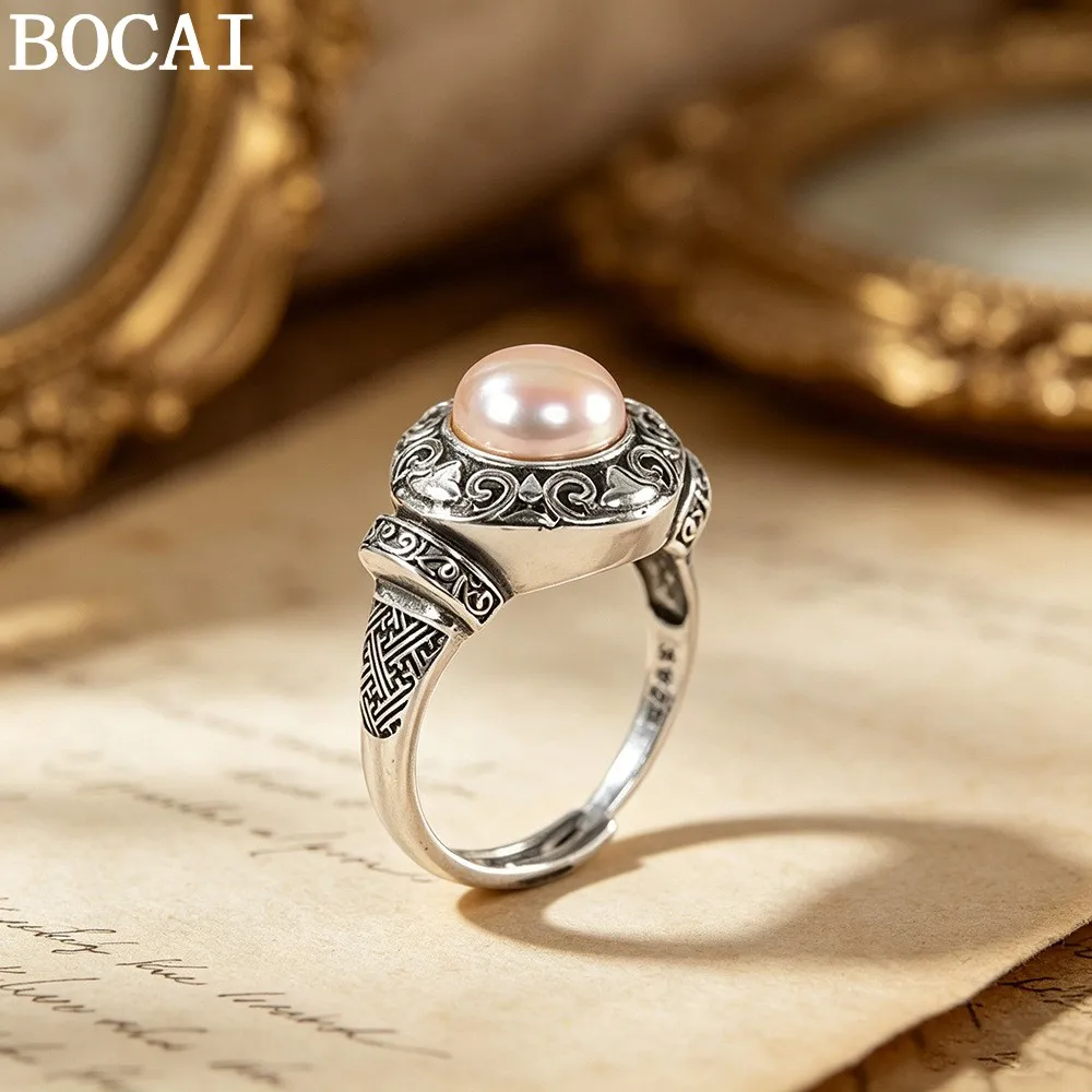 

Ювелирные изделия из стерлингового серебра BOCAI S925, винтажное модное кольцо с инкрустацией из пресноводного жемчуга, женский подарок на выбор