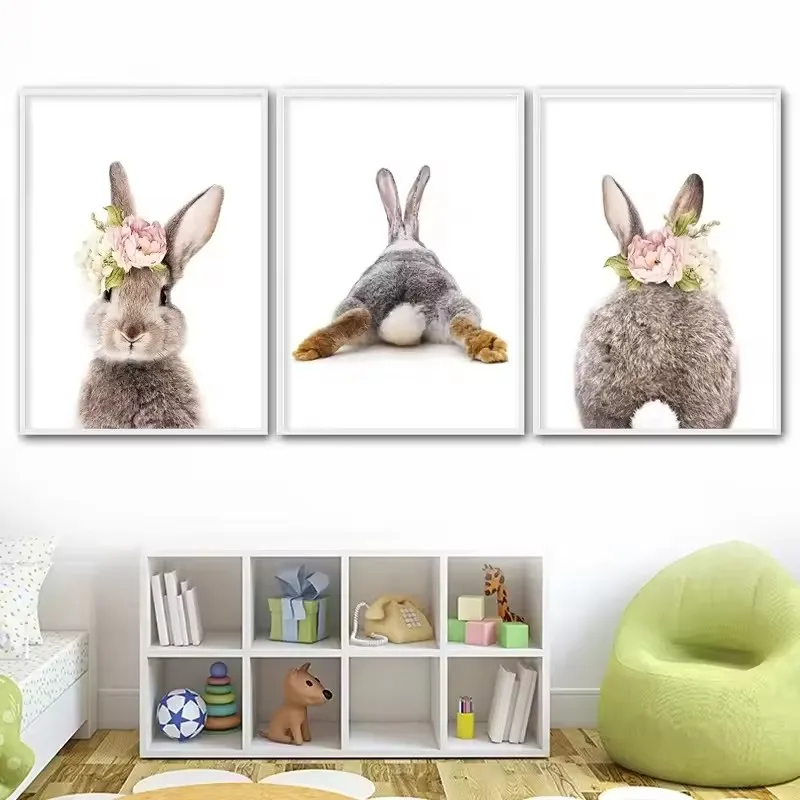 

Nursery Bunny Rabbit Wall Art Canvas Poster and Print Watercolor Flowers Animal Painting Pink Roses Picture Girls Bedroom Decor