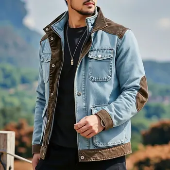 Spring Autumn Men's Vintage Style Denim Jackets Trend Patchwork Multi Pocket Casual Outwear Coat Male American Retro Chic Jacket 3