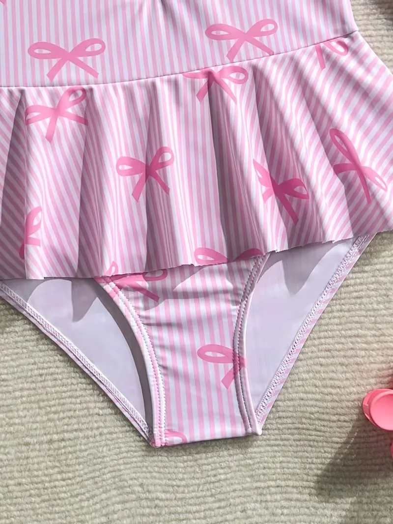 Kinder Mädchen UPF Sonnenschutz Einteiliger Badeanzug Langarm Schleife Streifenmuster Reißverschluss Rüschenrock 3-12 Jahre Für Strand Pool Party – Detail 4
