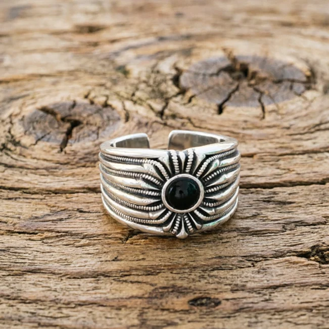 Japanese and Korean Pure Silver Personalized Retro Sunflower Ring Open Index Finger Ring Men's Trendy Jewelry Cool Punk Ring