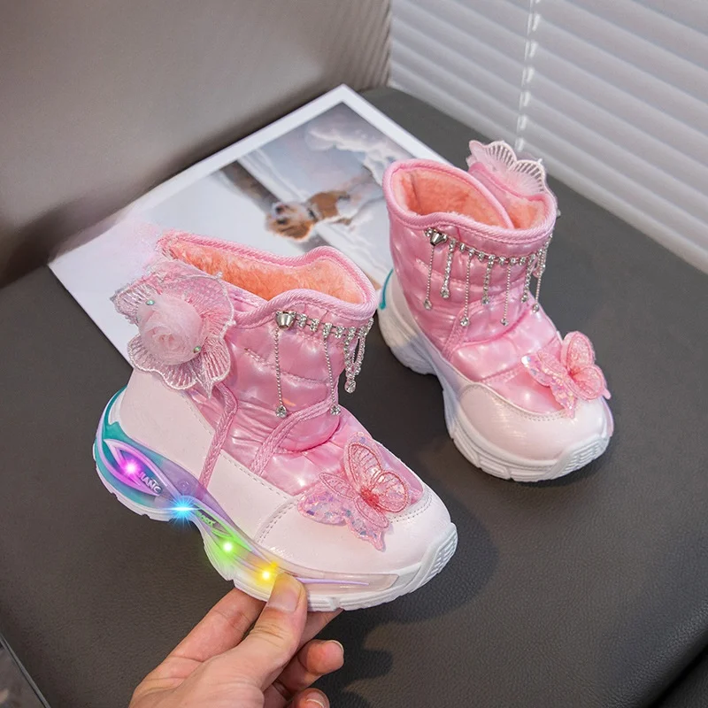 

Детская повседневная обувь ​ Сапоги до середины икры, зимняя обувь из искусственной кожи и хлопка со светодиодной подсветкой для девочек, нескользящая теплая розовая обувь Pruple, размер 23-36