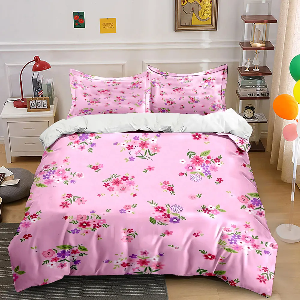 

Bright floral pattern on pink background Bedding Set for Kids Luxury Gift 3pcs Digital Print Comforter Set Soft Comfortable