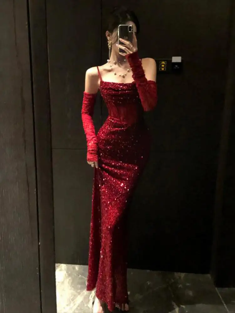 

Summer Red Sequined Elegant Sexy Backless Long Sleeved Cover Slip Long Dresses Women Vintage High Waist Slim Party Evening Dress