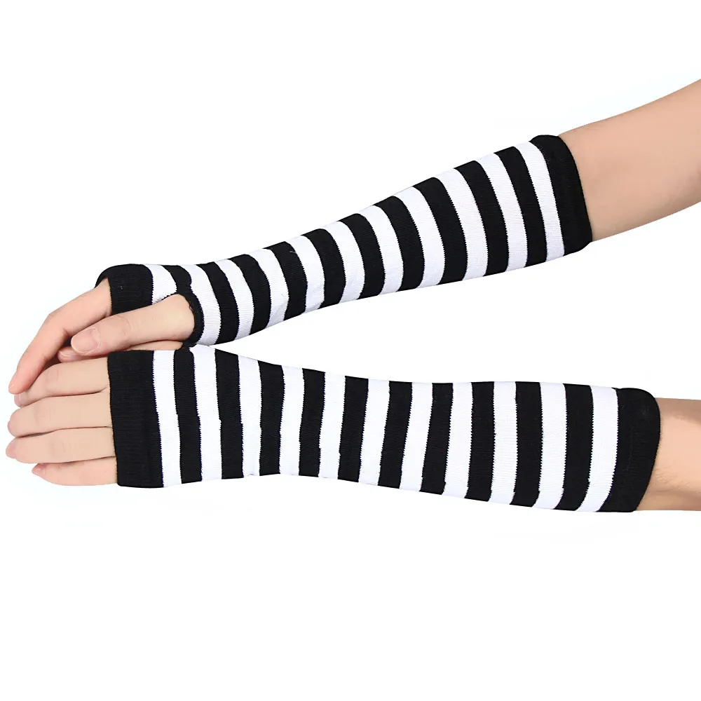 Women Long Sleeve Striped Fingerless Arm Warm Knitted Women\'s Wristband Solid Color Fashion Gloves Mittens Accessories