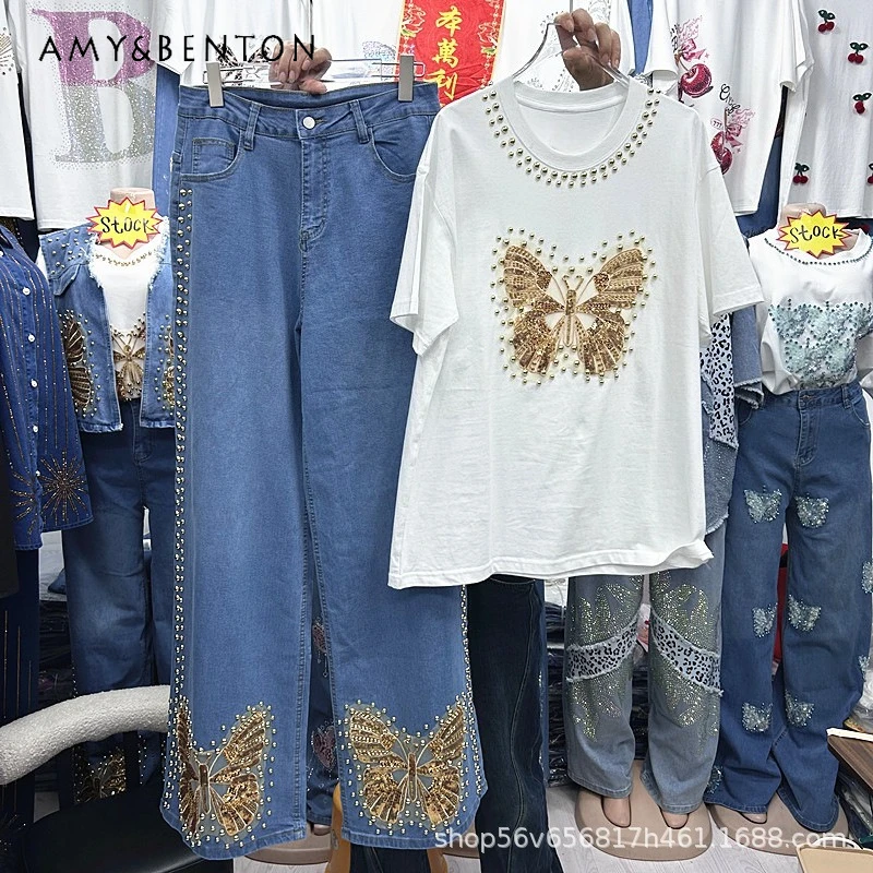 

American Style Rhinestone-embellished Gold Butterfly Short-sleeves White T-shirt Top Blue High-waisted Wide-leg Denim Pants Suit