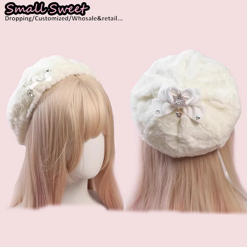 Gothic Harajuku Women's Lolita Spicy Girls Beret Versatile Retro Miss Style Snow Winter Bow Pearl Love Octagonal Cap Christmas