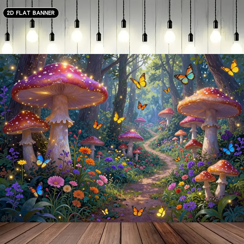 2D Flat 1pc Wall Tapestry Suitable For Weddings Birthdays Christmas - Giant Red Mushroom Forest Backdrop With Dancing Butterflie