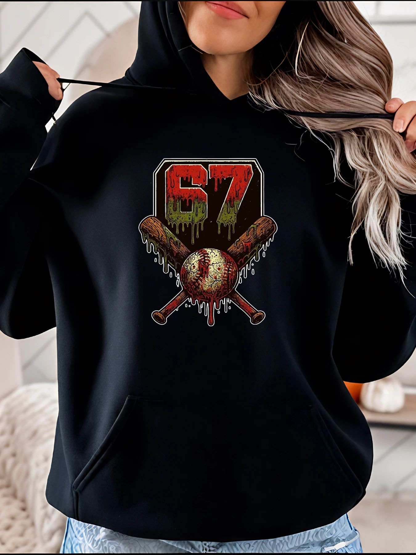 

Baseball Hoodie 67 Dripping Blood Design Crossed Bats and Ball Graphic Sweatshirt Unisex Casual Streetwear for Men Women