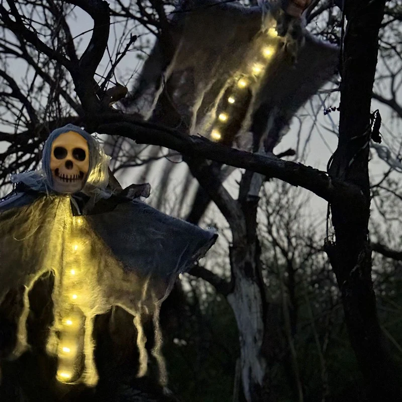LICE-Halloween Fantasma sospeso Divertenti luci decorative da giardino Layout di scena all'aperto Teschio fantasma