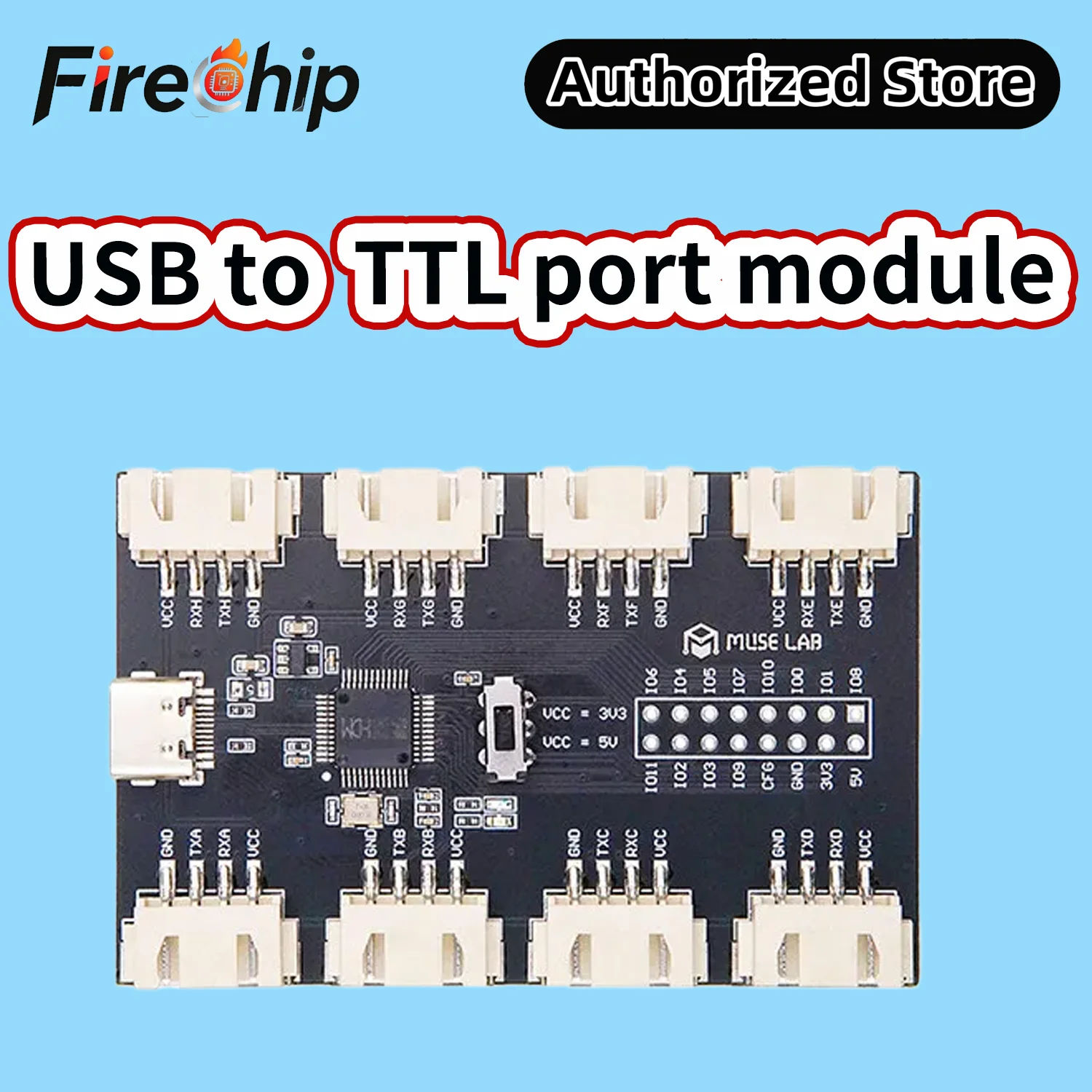 FireChip USB to 8-Channel TTL Serial Port Module CH348 High-Speed Multi-Channel UART Output Power Adjustable TYPE-C Interface
