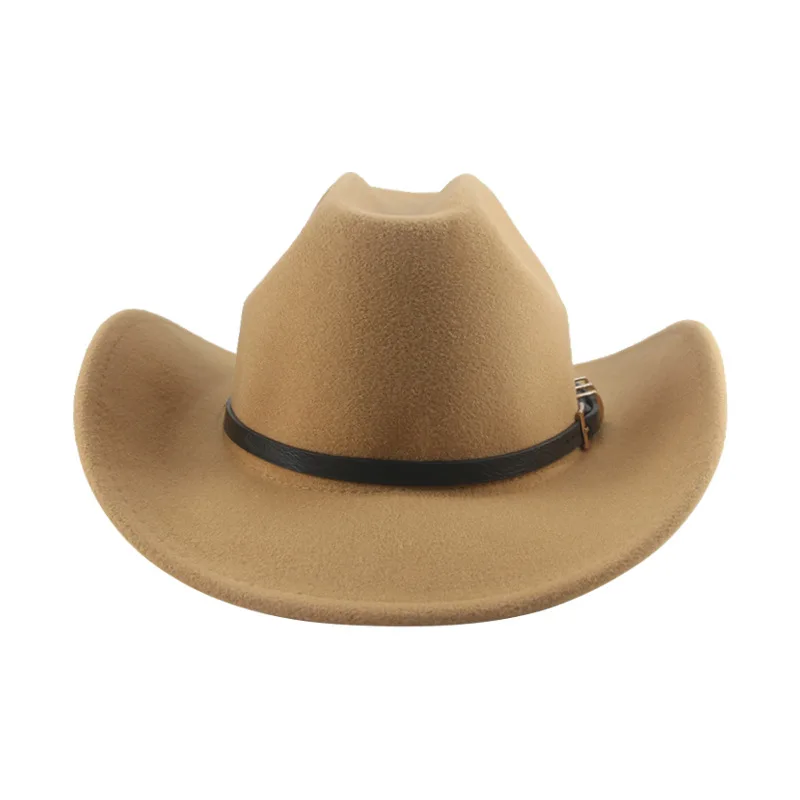 

Top Hat European And American Punk Big Brim Western Cowboy Hat 9.5cm Rolled Brim Double Top Fur Felt Hat New Golden Belt