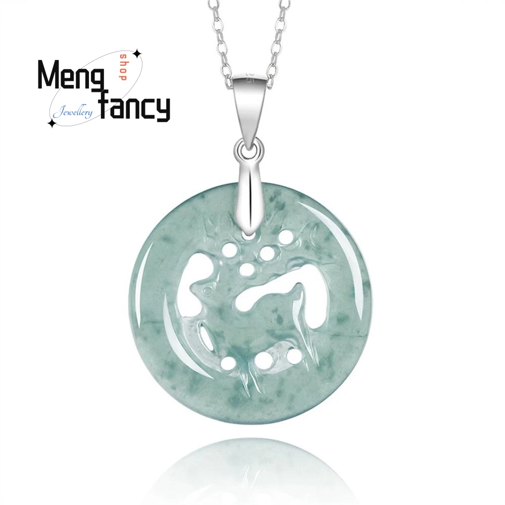 

Natural A-goods Jadeite Blue Water Deer Sign All The Way to You S925 Silver Set Hollow Ice Jade Pendant Elegant Fashion Jewelry