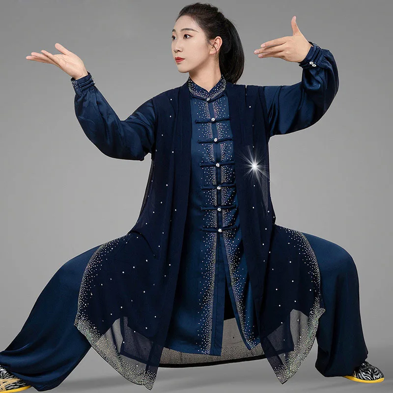 2026 Chinese Style Tai Chi Suit - Black Acetate Satin Rhinestone Summer Thin High-End Competition Uniform for Women & Men Wushu