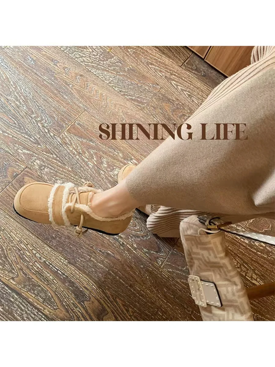 

lamb fur patchwork winter shoes for woman lace up plush loafers round toe soft bottom furry flats zapatillas de mujer