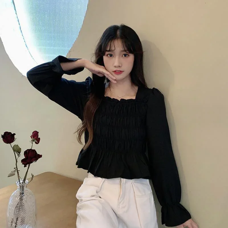 Square Neck Long Sleeve Shirt Women's Design High Waist Short Top Blusas Clothes for Women Tops Shirts Blouses