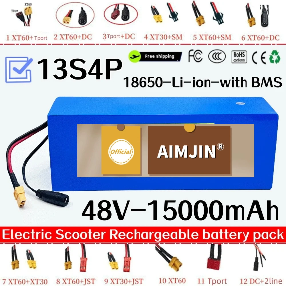 13S4P 48V 18650 Lithium Battery Pack,15000mAh for Electric Scooter Bicycle Li-ion Replacement Batteries with BMS