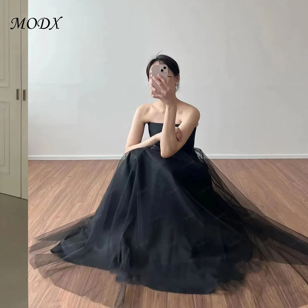 

MODX Simple Black Satin Wedding Dress Korea Photo Shoot Strapless Sleeveless Floor Length Bridal Gown Back Corset With Shawl