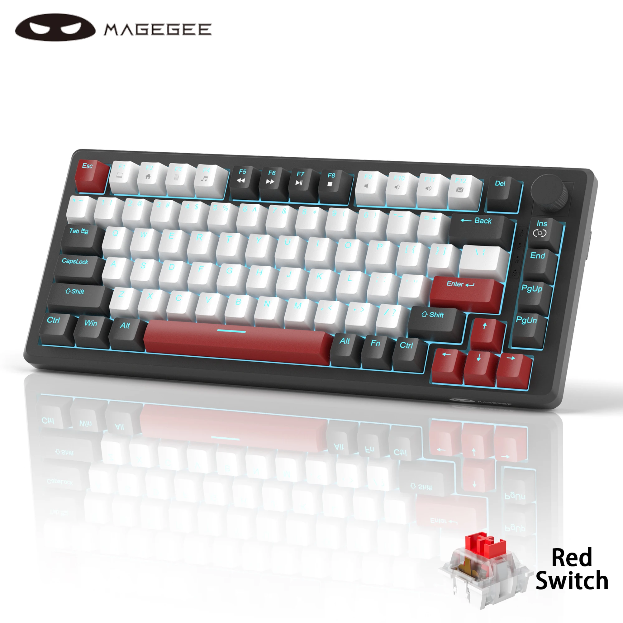 MageGee 75% mechanisch gamingtoetsenbord met knopbediening, blauw verlicht bedraad gamingtoetsenbord rood/gele schakelaar voor pc Windows