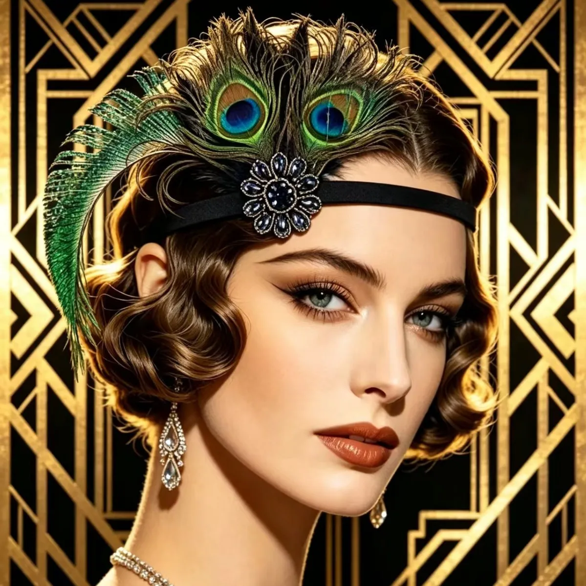 1920s Flapper Peacock Feather Headband with Vintage Rhinestone Flower Accent Gatsby Party Hair Accessory for Women Costume