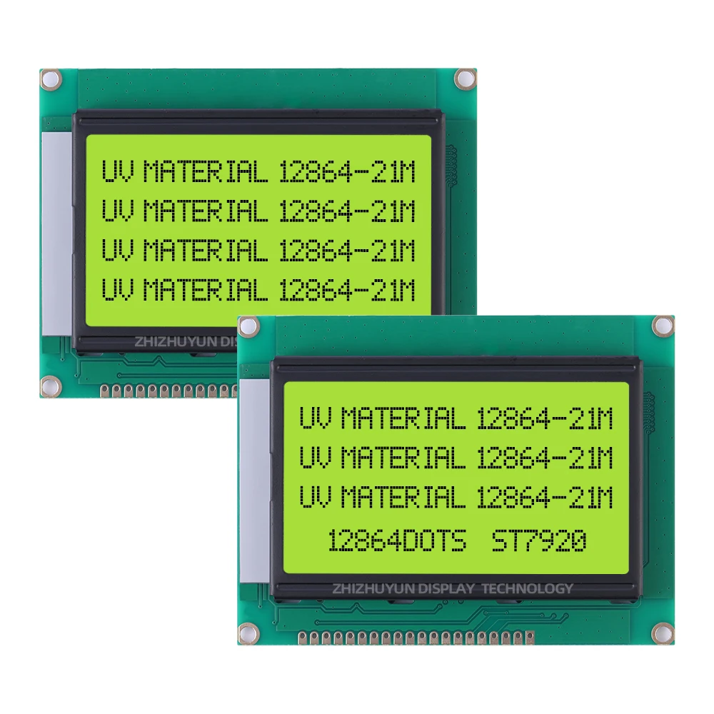 도매 12864-21M UV 소재 LCD 디스플레이 모듈, 에메랄드 그린 라이트, 블랙 텍스트, 3.3V, 5V, 93mm * 70mm