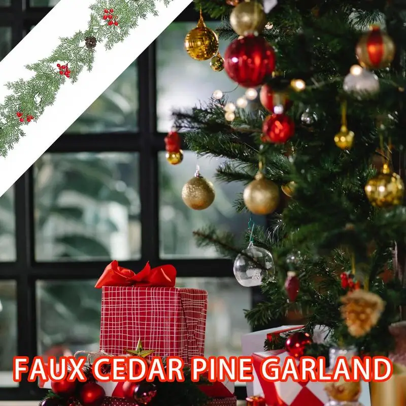 Pine Garland Realistic Pine Cones Red Berries Faux Cedar Garland 6.56ft Realistic Pine Leaves Christmas Faux Cypress Cedar Pine