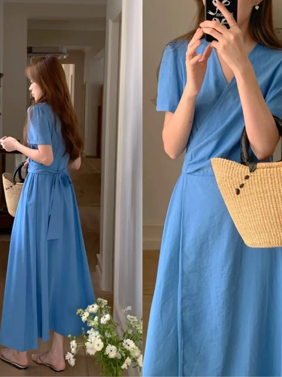 夏の新作 レディース Vネック 半袖 Aラインワンピース レトロでおしゃれなウエストシェイプ 細見えミディ丈スカート