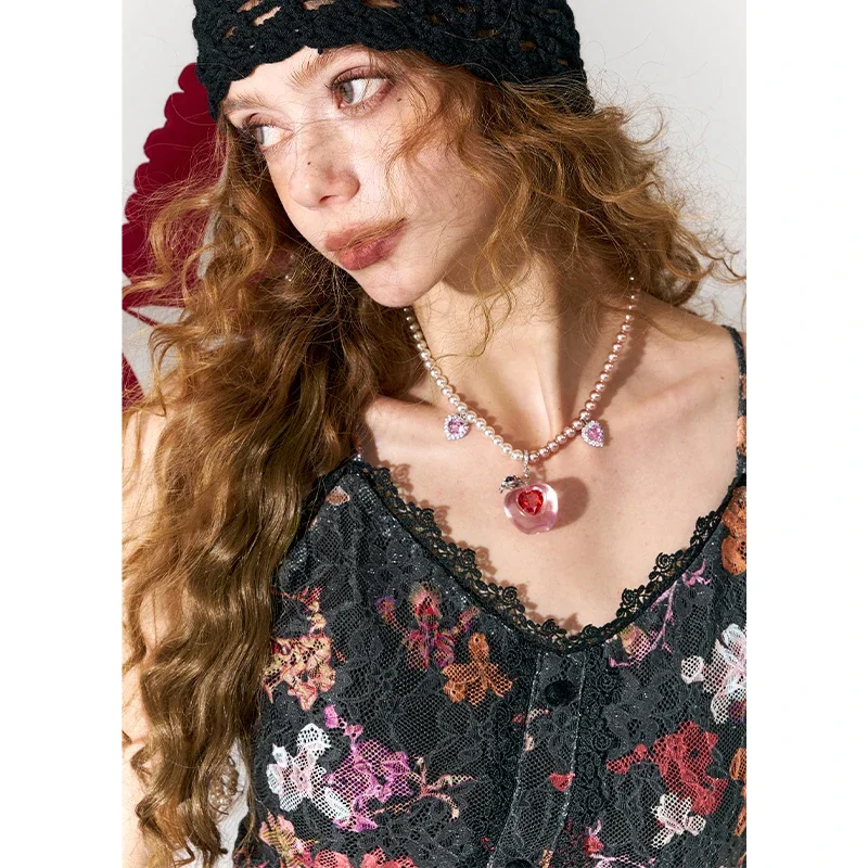 ELFSACK Y2K Sweet Casual Velvet Floral Graphic Lace Trim Bustier Slip Top For Women