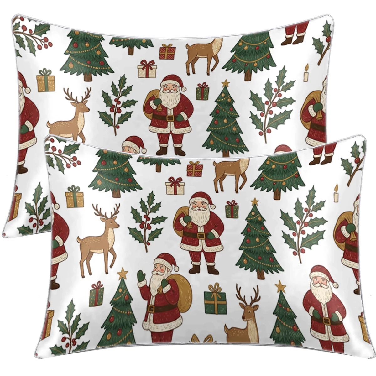 2PC Satin Pillowcase Silky Soft Fabric Santa Reindeer Xmas Tree Print Bedroom Sofa Holiday Decor Envelope Cover For Hair Care
