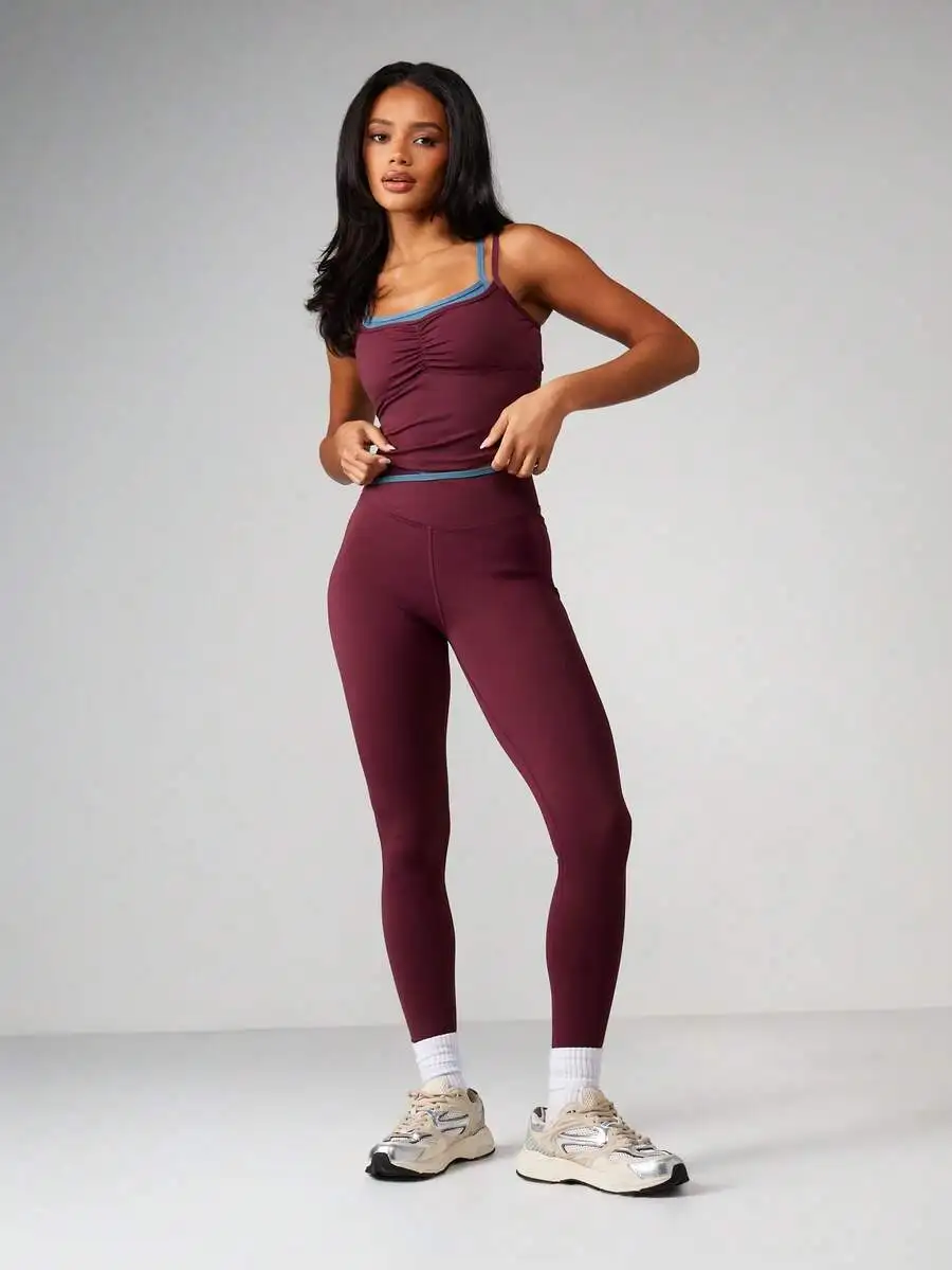 

Burgundy Ruched Crop Tank Top And High Waisted Leggings Set With Blue Trim Athletic Co Ord