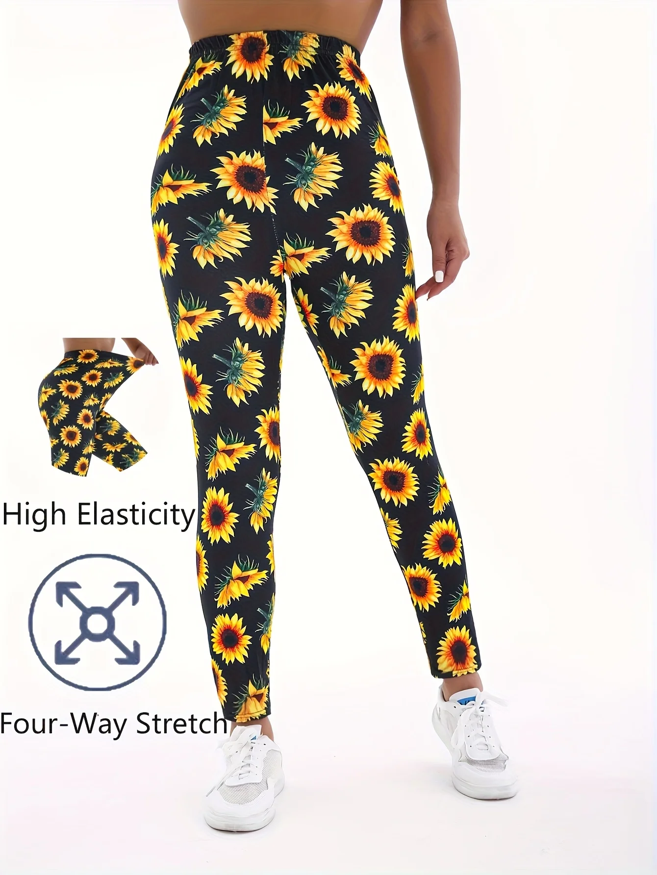 Women Fleece‑Lined Leggings Sunflower Floral Print Mid‑Waist Winter Warm Bottoms