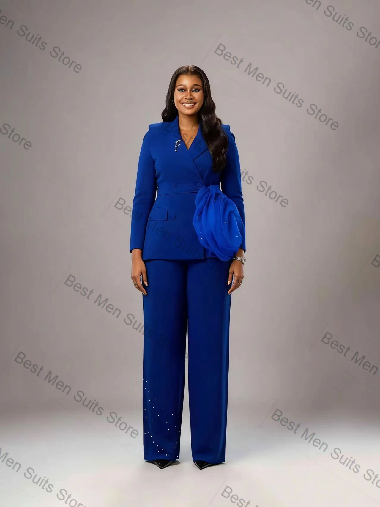 

Blue Women Suit Set 2 Pcs Blazer Pants Trousers Crystals 3D Flower Formal Office Jacket Customized Wedding Tuxedo Guest Coat